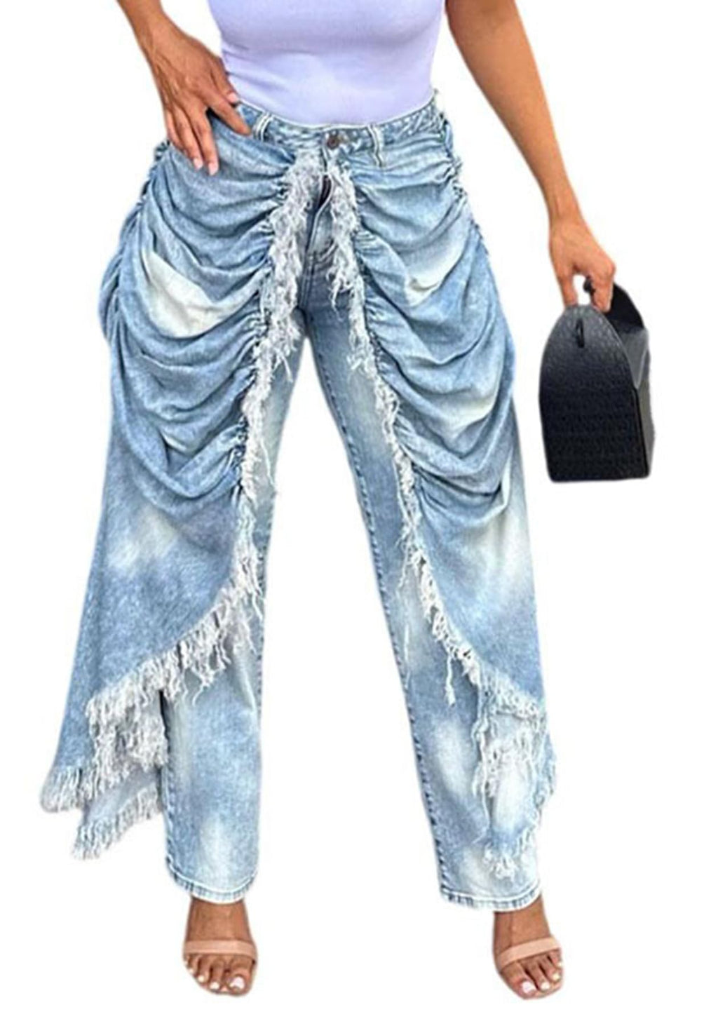 LETSVDO Women's High Waisted Patchwork Jeans Baggy Wide Leg Frayed Fringe Ruched Cargo Harem Hippie Flowy Denim Pants