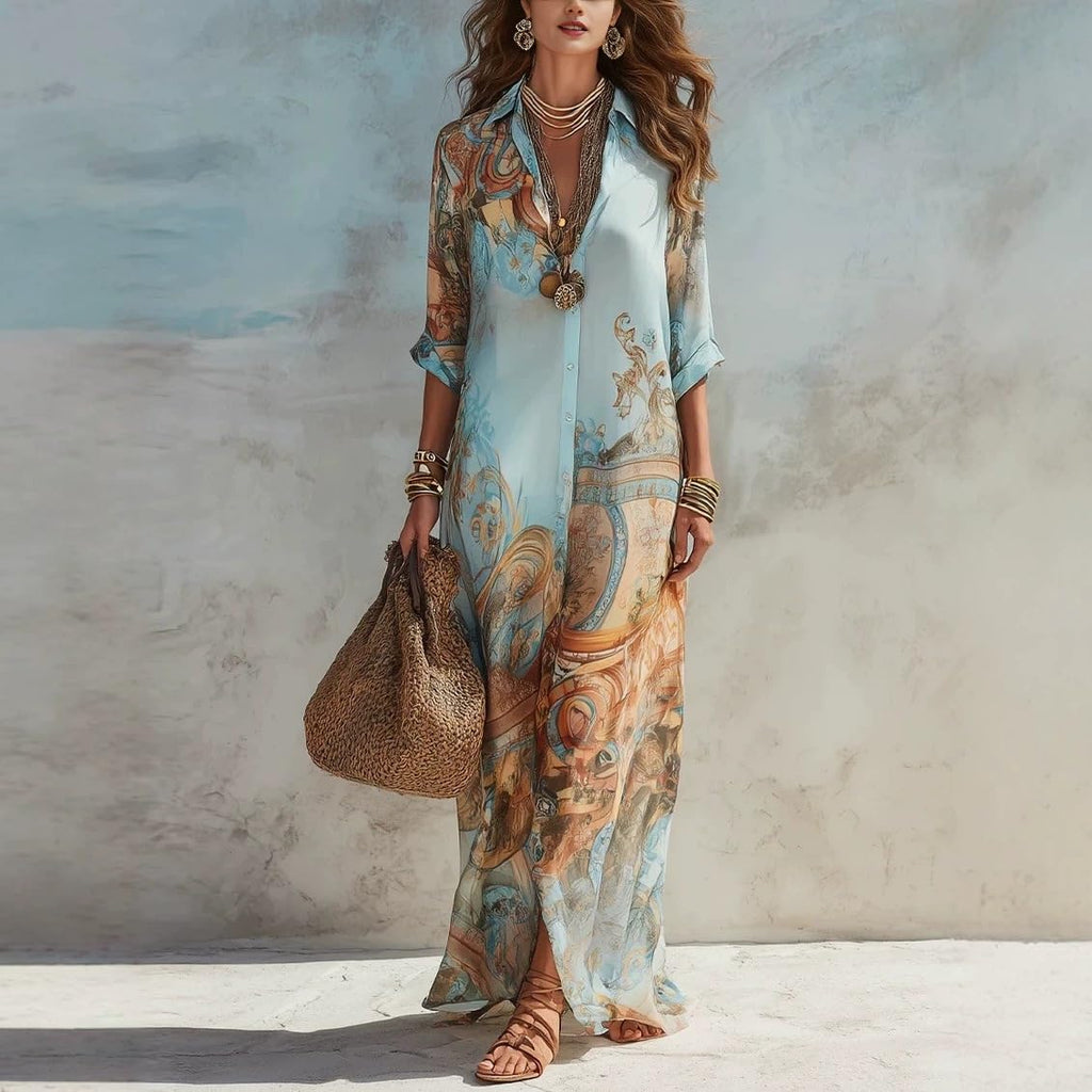 Women's Baroque Print Maxi Shirt Dress V Neck 3/4 Sleeve Button Down Flowy Casual Loose Boho Long Dress
