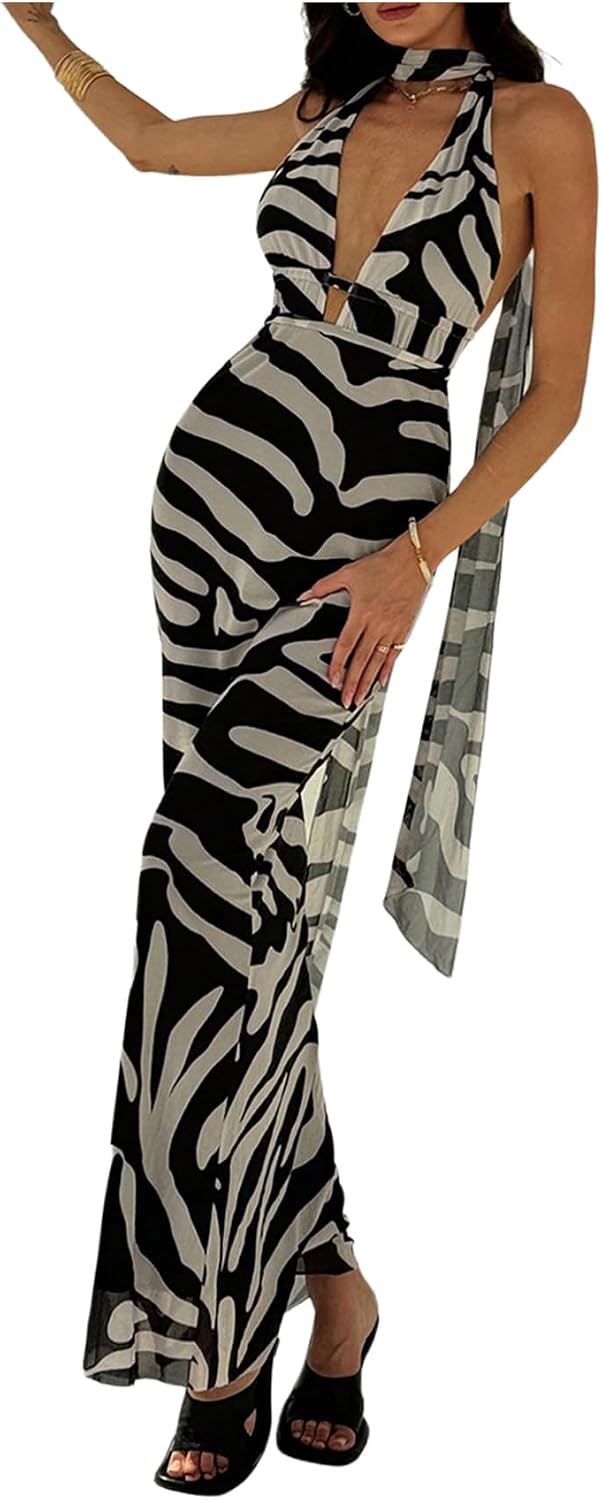 OYOANGLE Women's Zebra Striped Backless Maxi Dress Deep V Neck Halter Dress | Zebra Print, Striped, Backless, Maxi Dresses, Deep V Neck, Halter, Fishtail Dress with Scarf