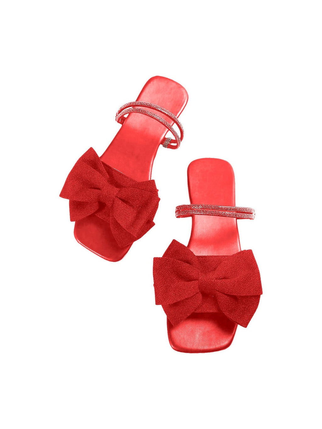 GORGLITTER Women's Bow Flat Sandals Dressy Rhinestone Comfortable Sandals | Cute Slip On Slides, Strappy Flats, Square Toe, Sparkly Dressy Party Wedding Sandals for Bride