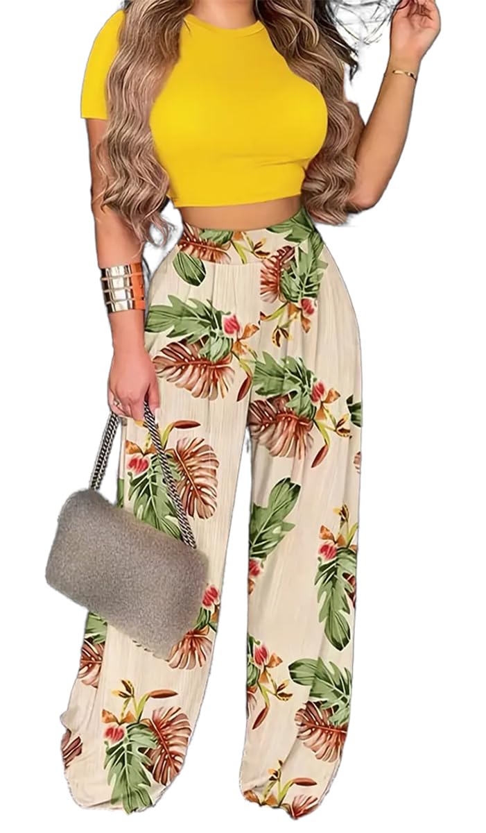 2 Piece Outfits for Women Short Sleeve Crop Top High Waist Wide Leg Long Pant Sets Tracksuit Sport Set