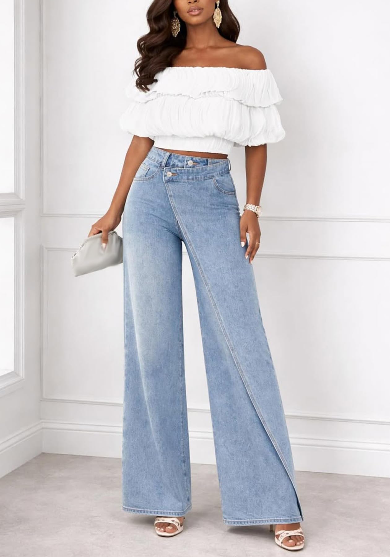 SHINFY Women's Wide Leg Jeans Asymmetric High Waisted Baggy Denim Pants | Trendy Vintage Baggy Boyfriend Denim Trousers with a Relaxed Fit for Streetwear Travel Weekends and Daily Wear