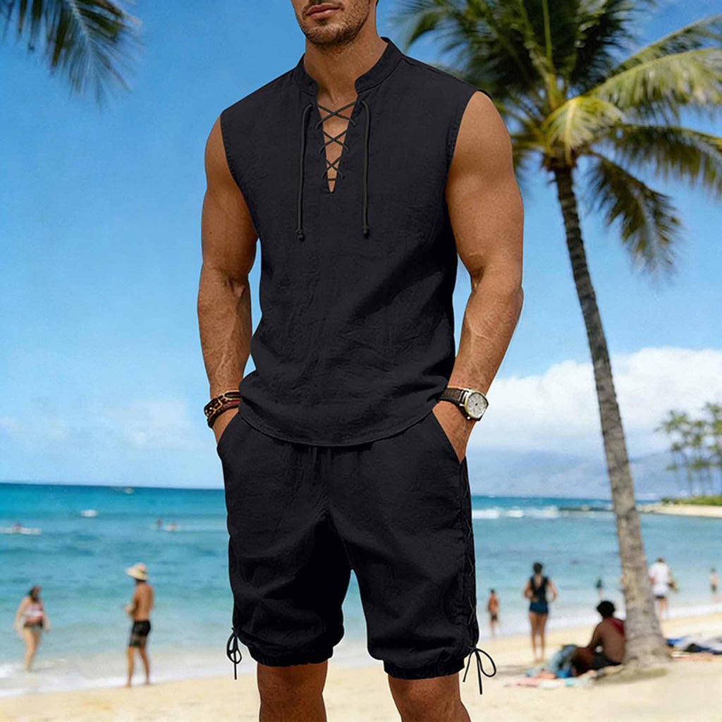Cambkatl 2 Piece Outfits for Men Lightweight Linen Shorts Set Laceup V Neck Sleeveless Tank Top Matching Sets with Pockets