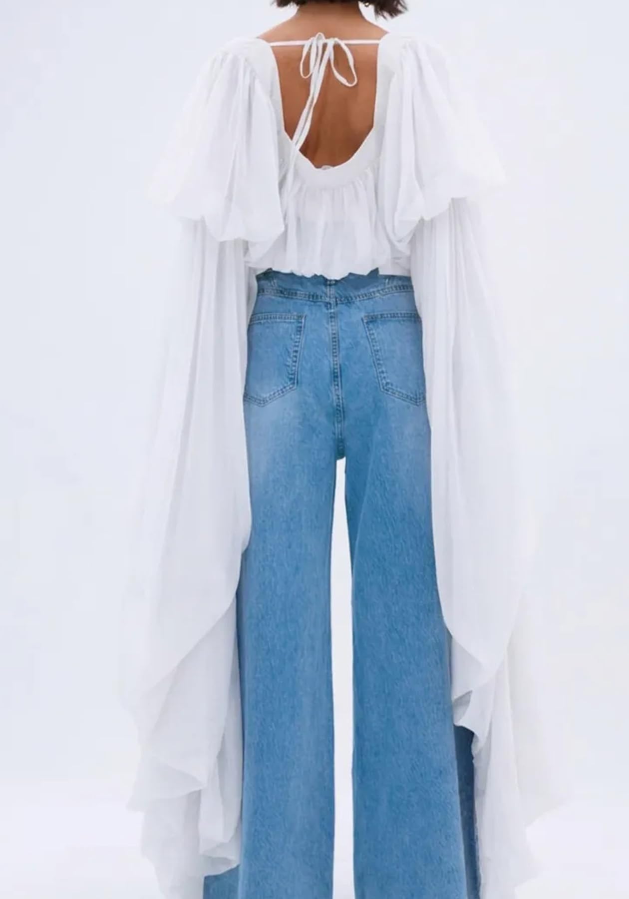 YOOTIKO Women Flowy Chiffon Crop Blouses Ruffle Long Bell Sleeve Tops | Trendy Square Neck Going Out Shirts,Elegant Evening Party Wear