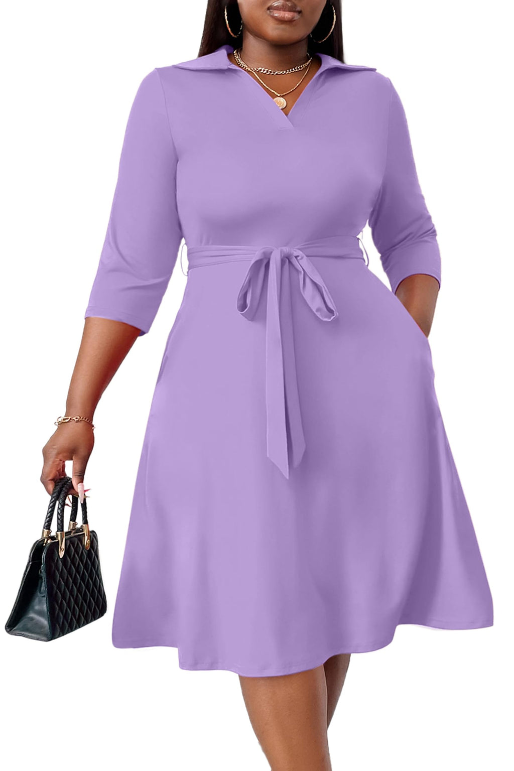 FANDEE Plus Size Midi Dress for Women Casual - Fit and Flare Summer Dresses | Semi Formal,African Print,Polo Collar Cocktail Dress,With Pockets And Belt