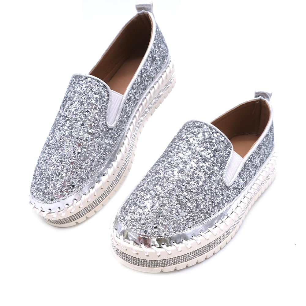 Women's Platform Rhinestones Glitter Fashion Sneakers Comfortable Slip On Flat Loafers Walking Wedding Dress Shoes Casual Shoes