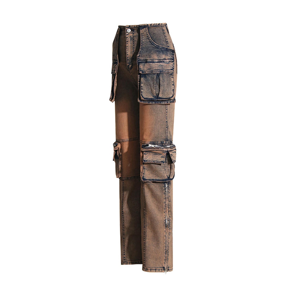 Women's Novelty Fashion Zip Side Slit High Waist Denim Jeans Pants with Multi Pockets