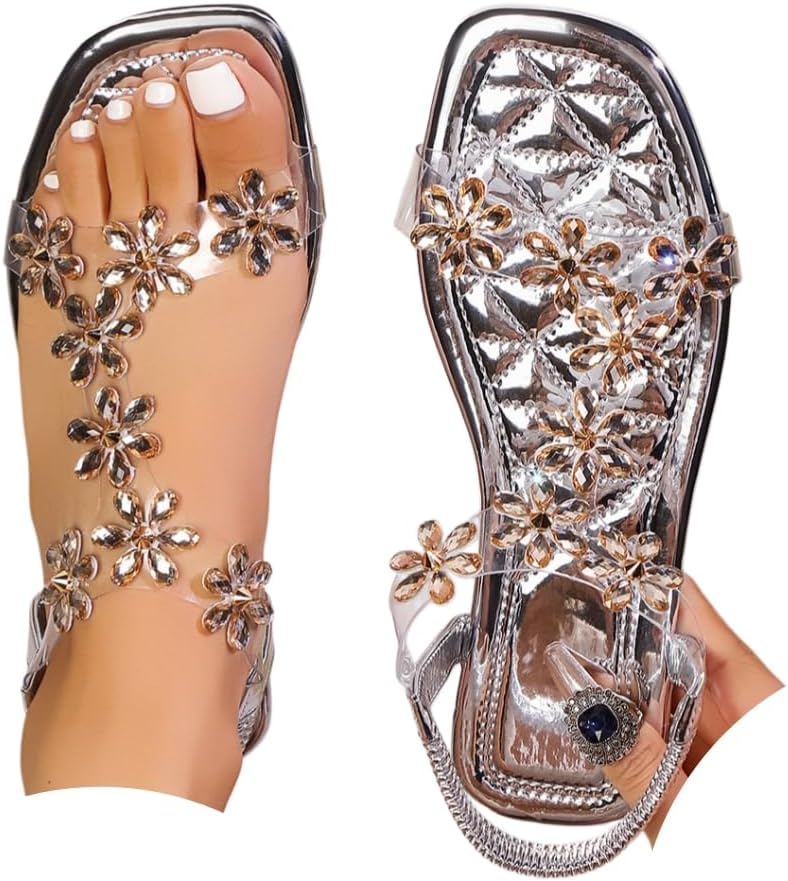Women's Butterfly Rhinestone Flat Sandals Glitter Sparkly Bling Strappy Open Toe Elegant Transparent Elastic Strap Gladiator Sandals for Dressy Summer Wedding Bridal Prom Travel Daily Wear