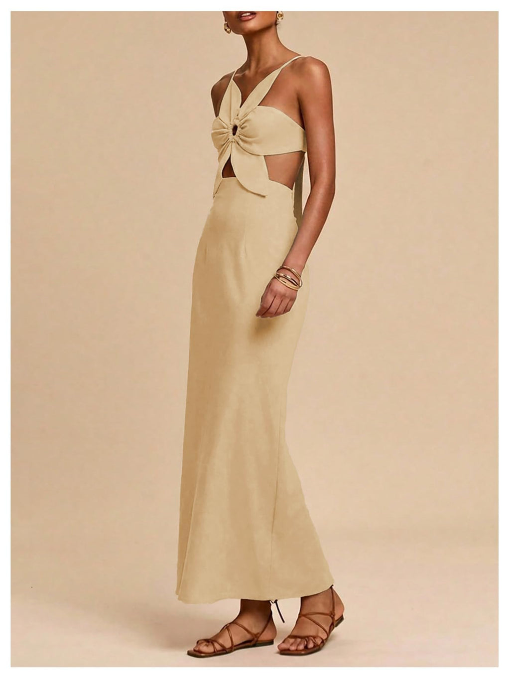 SHENHE Women's Petal Backless Linen Maxi Dress Cut Out Vacation Dresses | Keyhole, Spaghetti Strap, Open Back, Long Dress, Zipper, Summer, Date Night, Cami Dresses