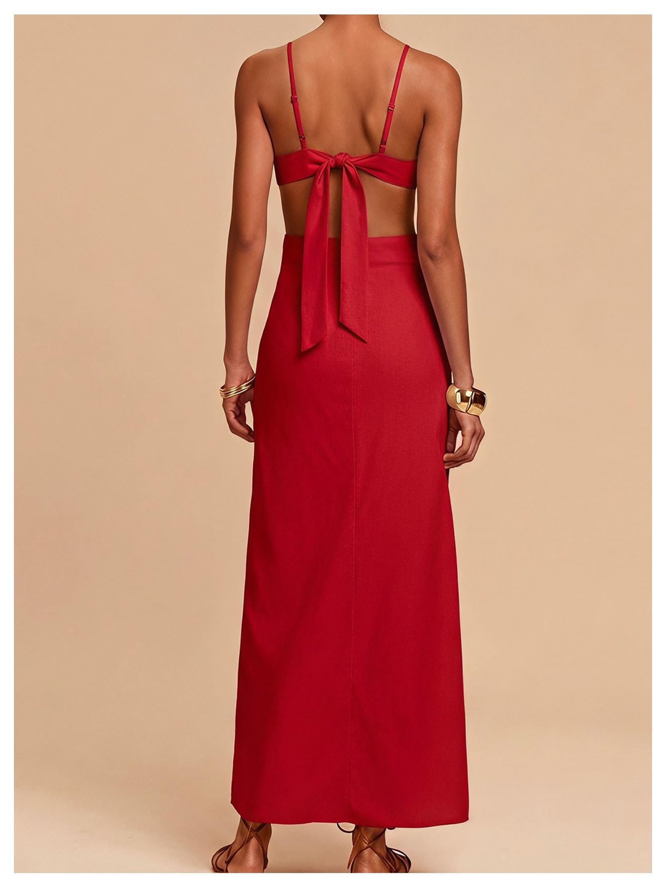 SHENHE Women's Petal Backless Linen Maxi Dress Cut Out Vacation Dresses | Keyhole, Spaghetti Strap, Open Back, Long Dress, Zipper, Summer, Date Night, Cami Dresses