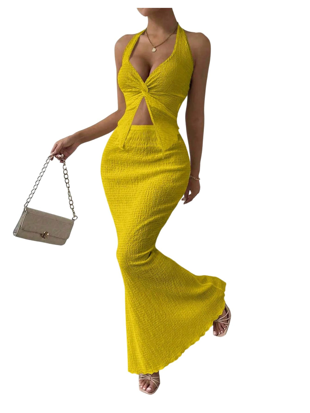 SOLY HUX Women's 2 Piece Outfit Twist Front Halter Cami Skirt Summer Set | Summer Vacation Outfits, Maxi Skirt Set
