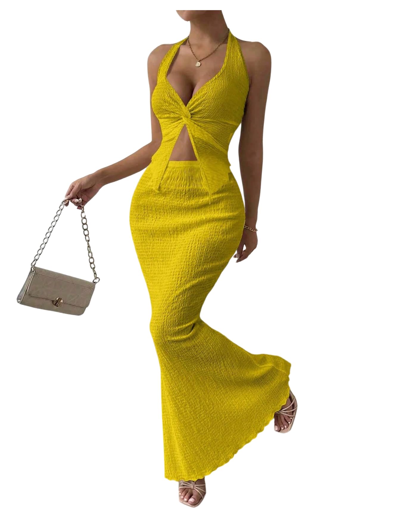 SOLY HUX Women's 2 Piece Outfit Twist Front Halter Cami Skirt Summer Set | Summer Vacation Outfits, Maxi Skirt Set