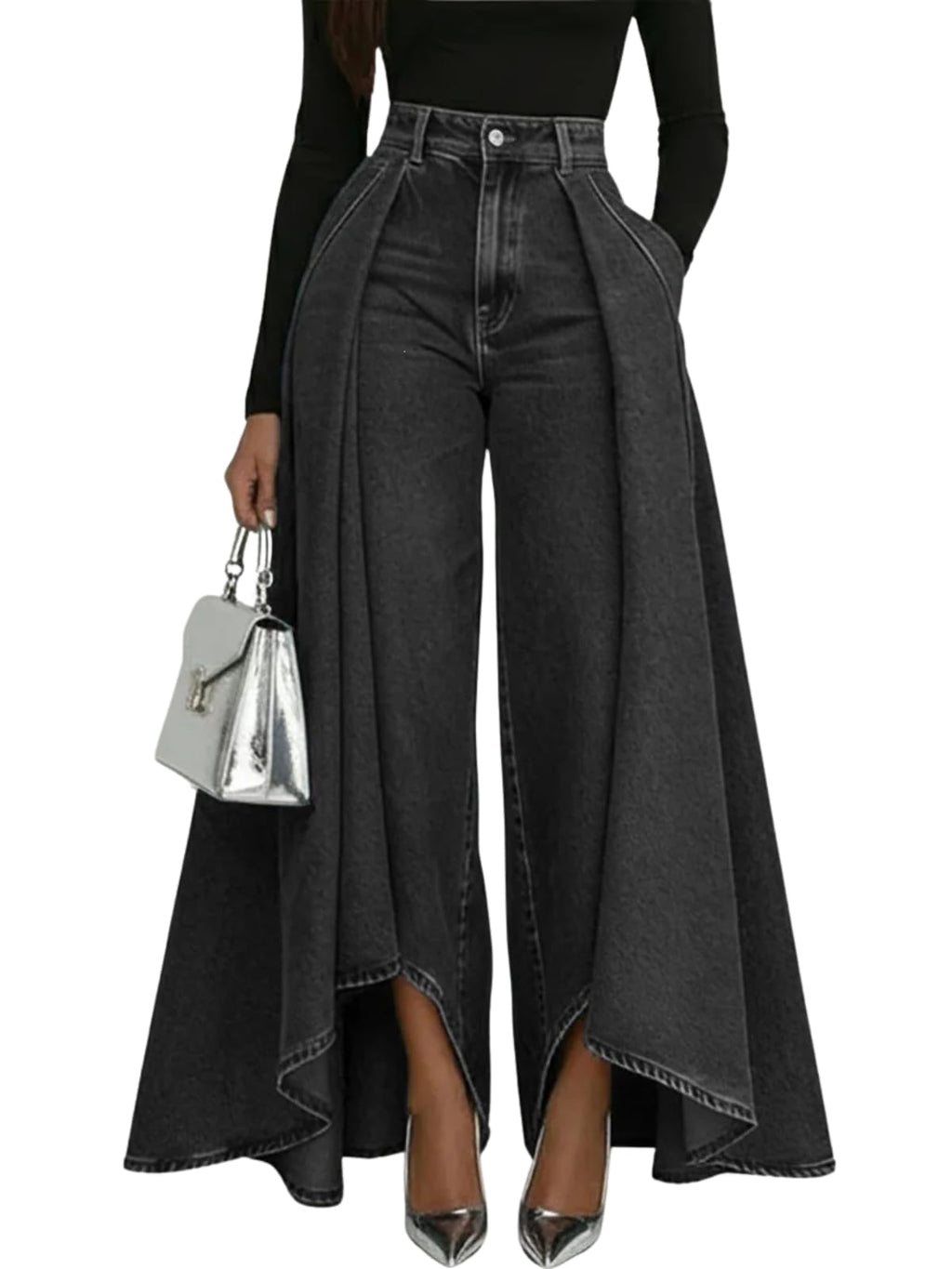 Women's Flowy Jeans with Skirt Overlay Baggy High Waisted Wide Leg Denim Pants Pleated Jeans Streetwear