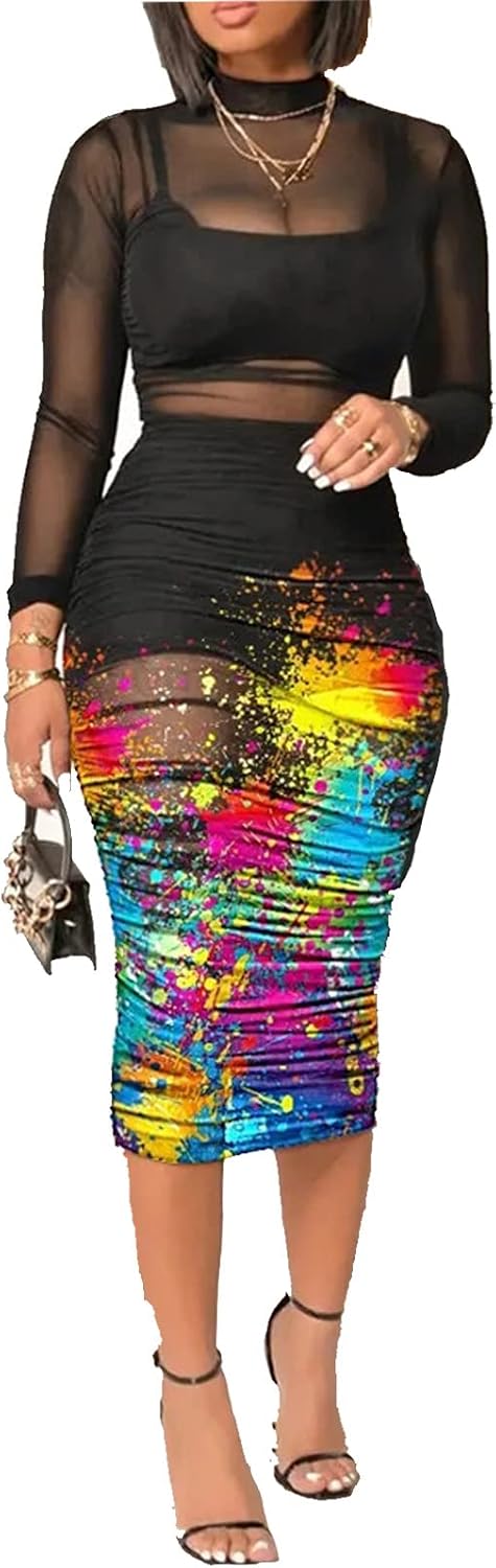 Women Sexy See Through Sheer Mesh Bodycon Midi Dress Long Sleeve Skirt 3 Piece Outfits Set Floral Print Cover Up