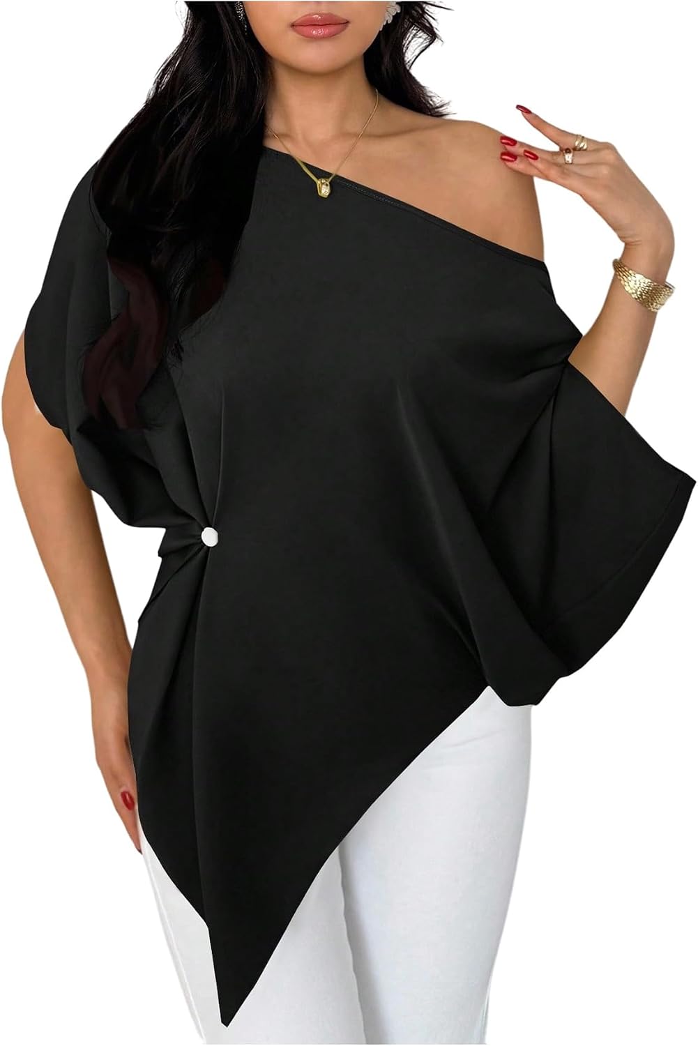 SHENHE Women's Off Shoulder Dolman Sleeve Blouses Asymmetrical Flowy Tops | Casual, Loose, Blouses With Waist Pleats, Asymmetrical, Elegant