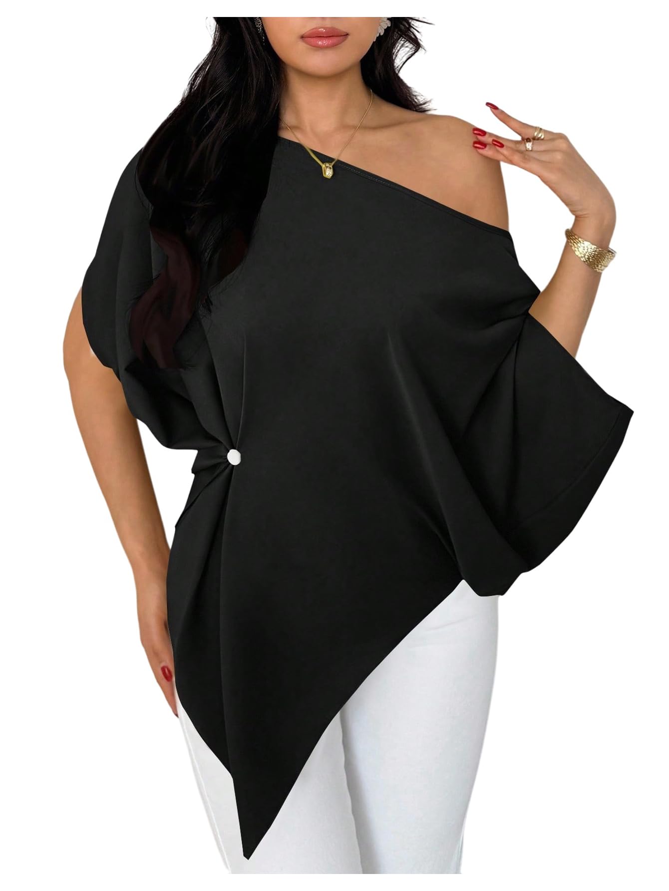 SHENHE Women's Off Shoulder Dolman Sleeve Blouses Asymmetrical Flowy Tops | Casual, Loose, Blouses With Waist Pleats, Asymmetrical, Elegant