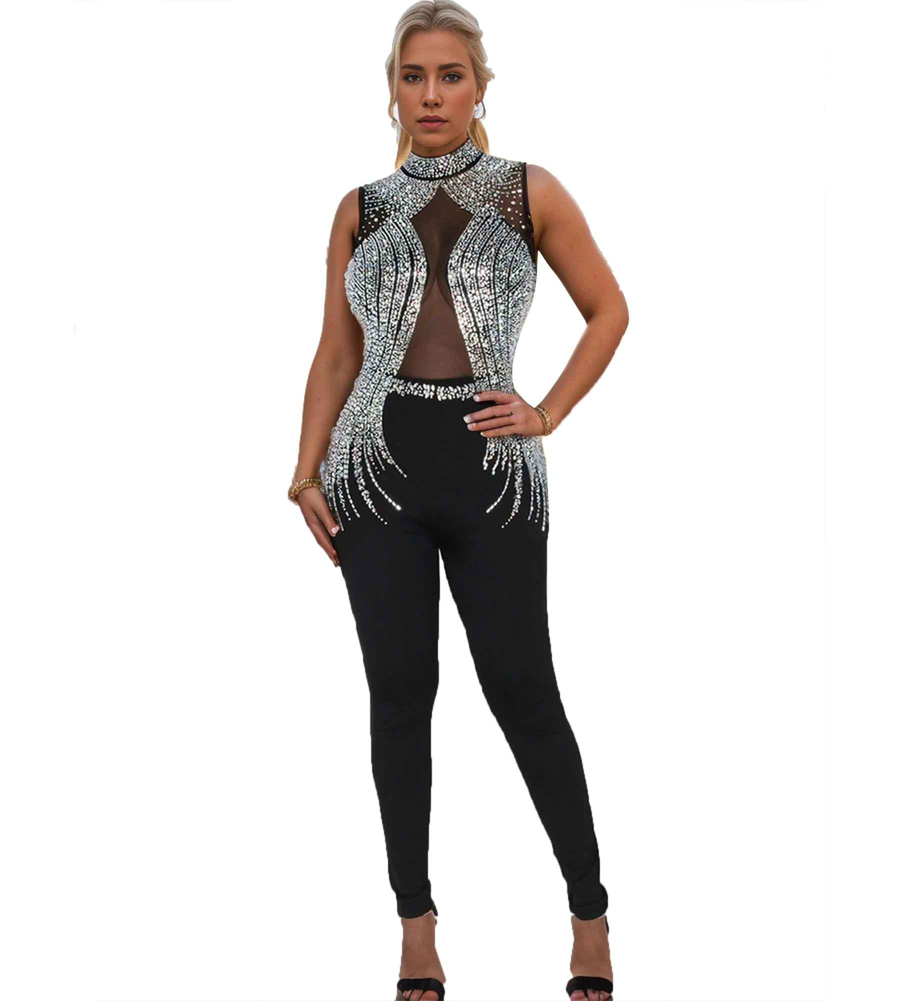 Nagfar Women Sexy Elegant Rhinestone Mesh See Through Bodycon Jumpsuits