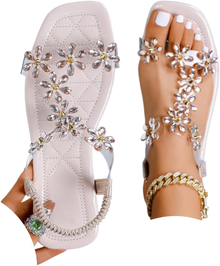 Women's Butterfly Rhinestone Flat Sandals Glitter Sparkly Bling Strappy Open Toe Elegant Transparent Elastic Strap Gladiator Sandals for Dressy Summer Wedding Bridal Prom Travel Daily Wear