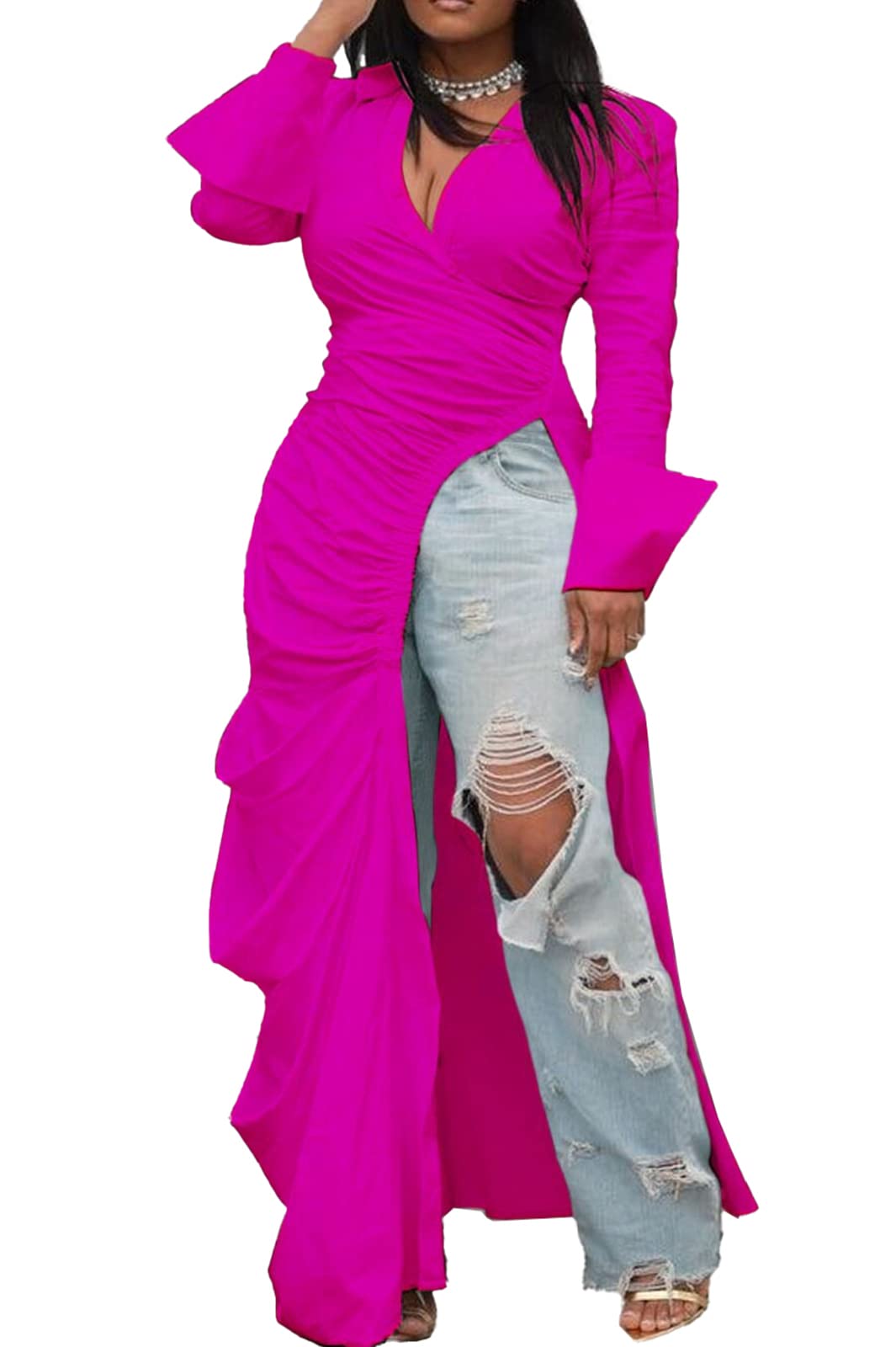Women's Button Down Shirt Dress High Low Irregular Hem Top | Deep V Neck, Ruched, Long Sleeve, Side Split, Asymmetrical Irregular Hem Casual High Low Tops Blouse