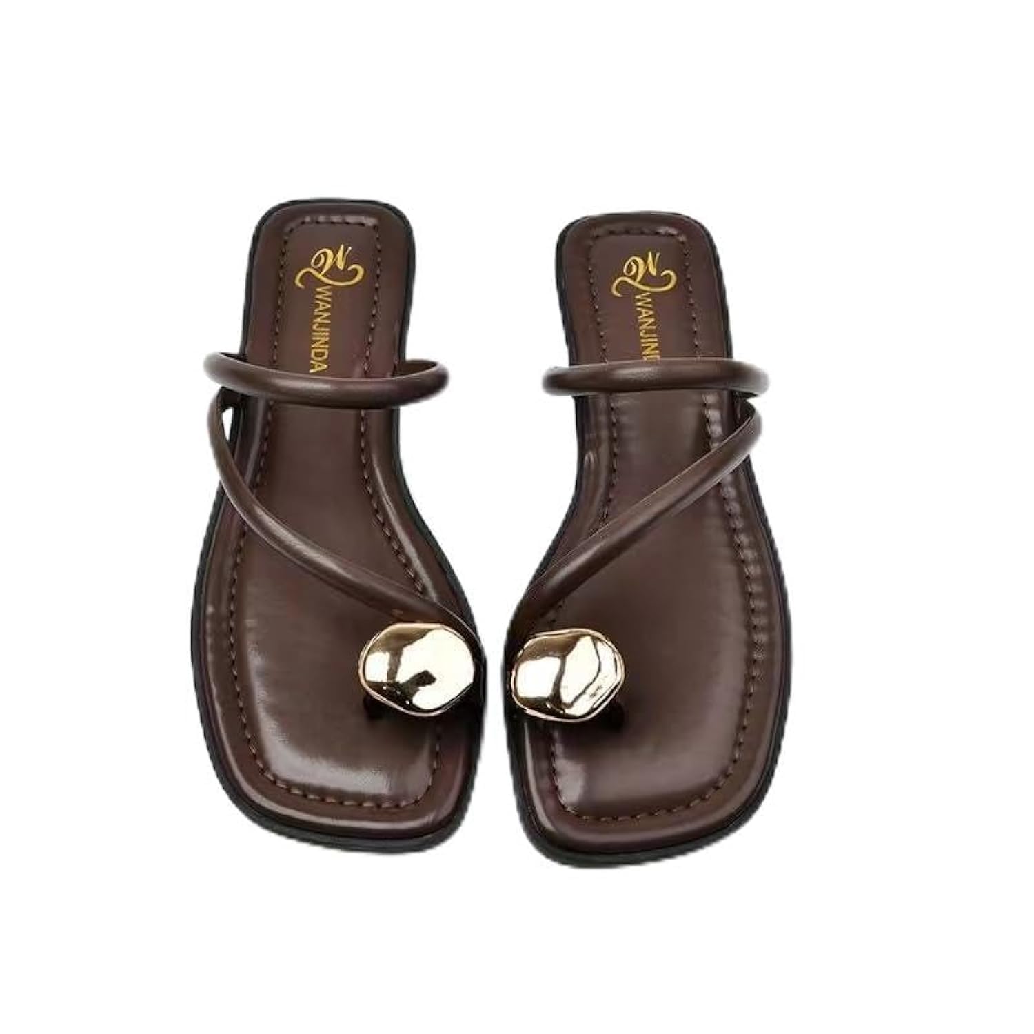 Women's leather strappy flat metal toe ring sandals fashionable square open toe low block heel slip-on Clip Toe Slide Sandals Casual Summer Beach slipper