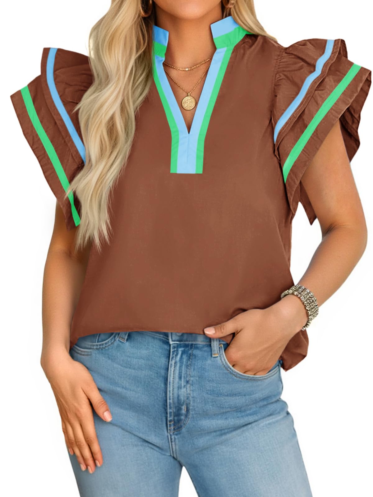 Cicy Bell Womens Ruffle Cap Sleeve Tops Summer V Neck Dressy Casual Blouses | Color Block, Boutique Tops, Pleated Shirt, Loose Fit, Wear to Work, 2026 Fall Outfits