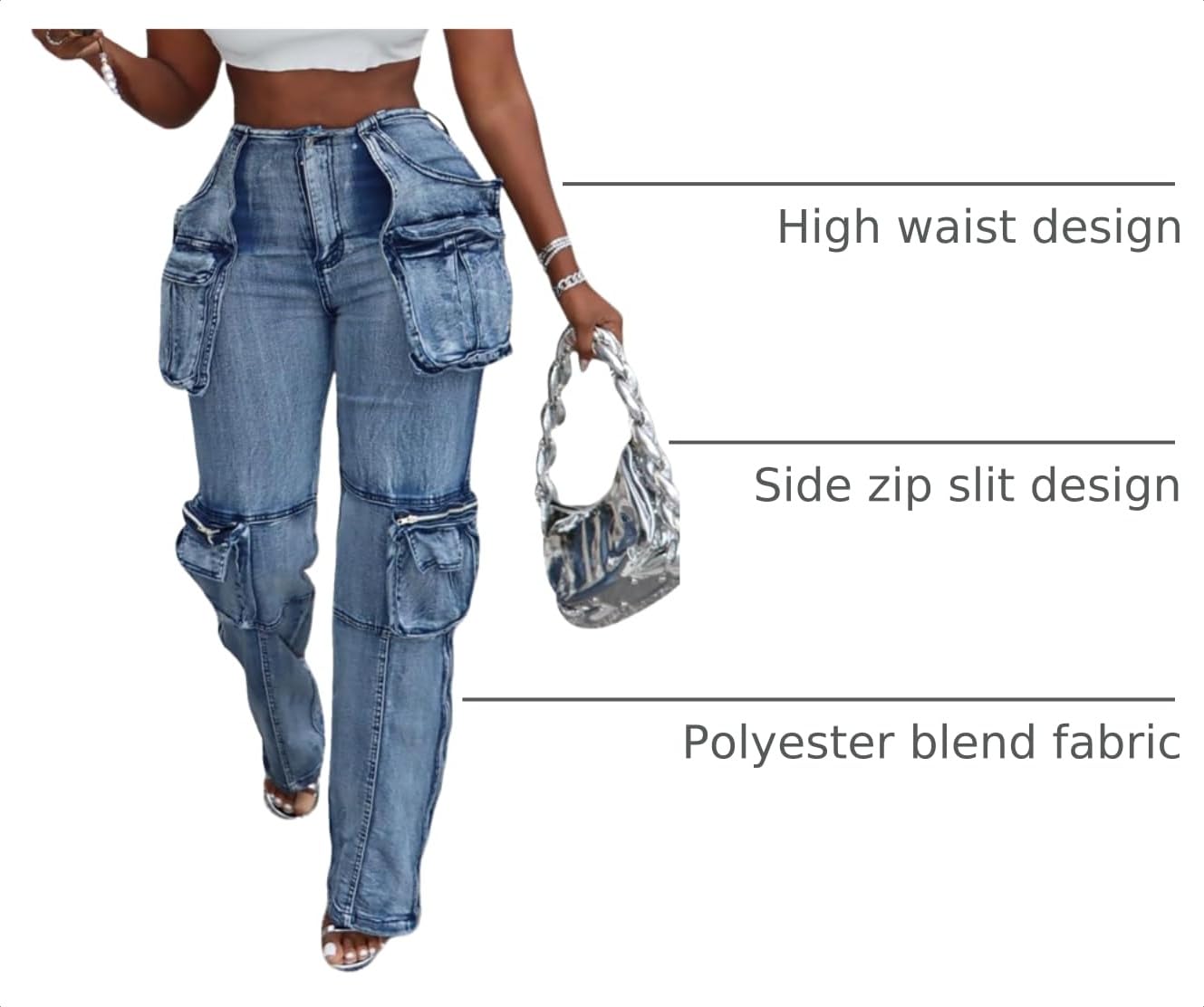 Women's Novelty Fashion Zip Side Slit High Waist Denim Jeans Pants with Multi Pockets