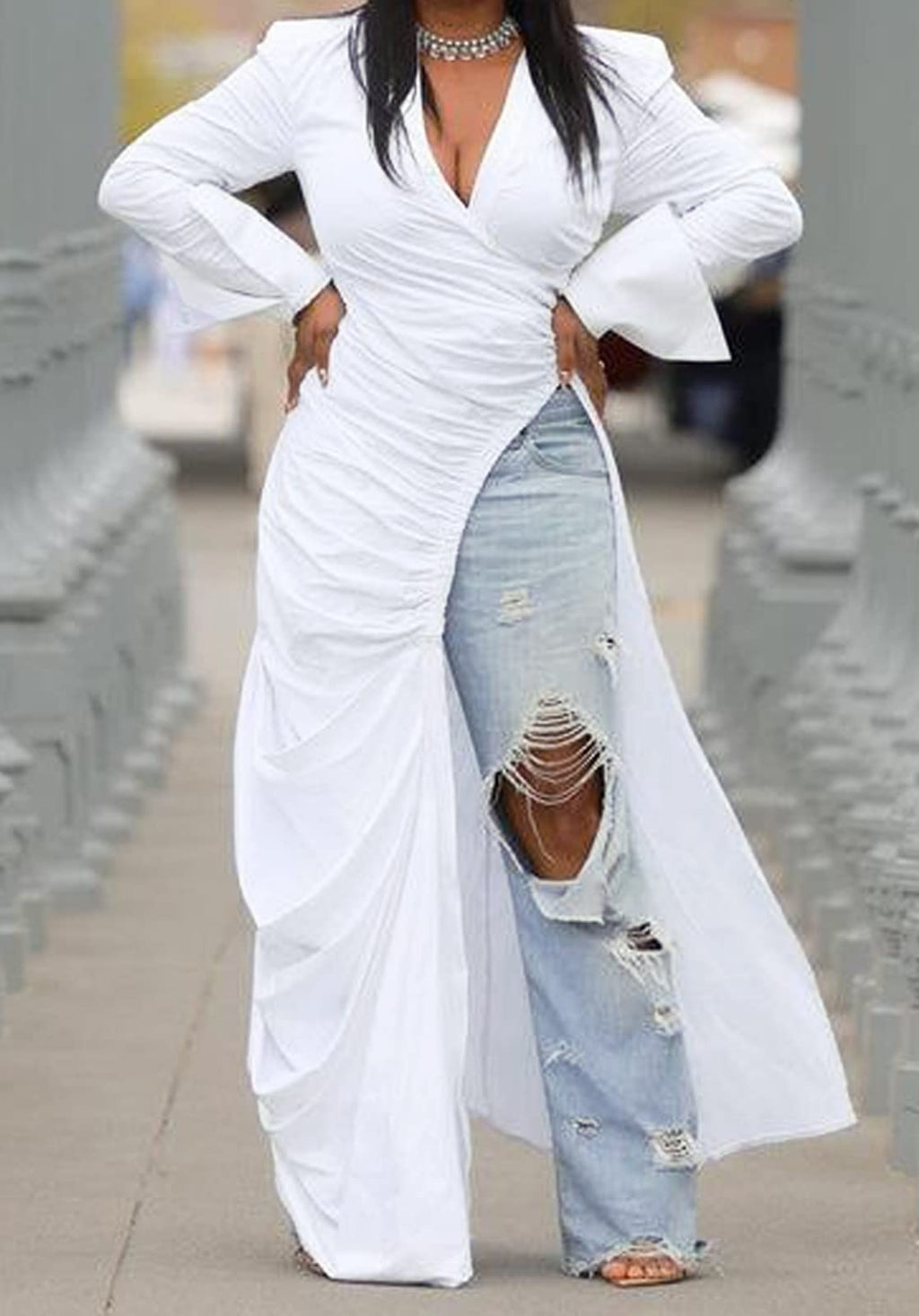 Women's Button Down Shirt Dress High Low Irregular Hem Top | Deep V Neck, Ruched, Long Sleeve, Side Split, Asymmetrical Irregular Hem Casual High Low Tops Blouse