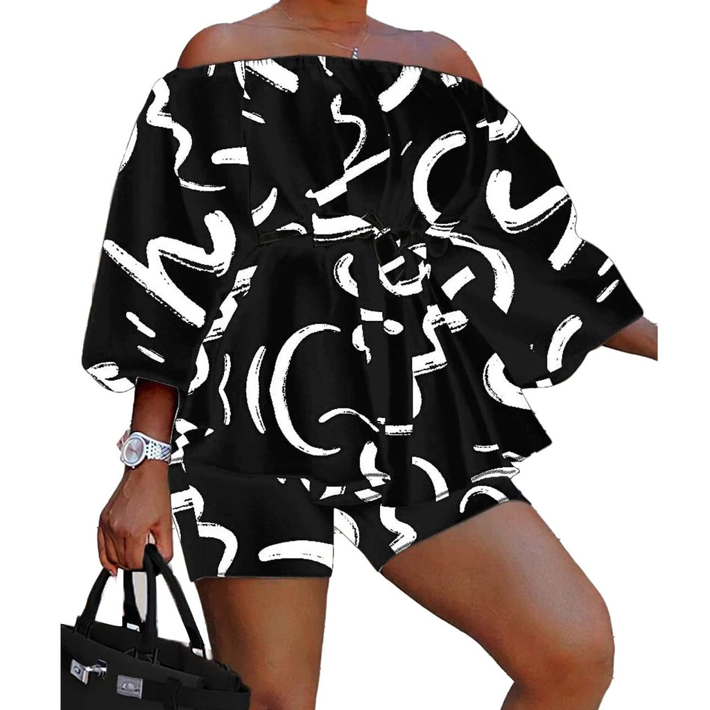 2 Piece Outfits for Women Sexy Off Shoulder Long Sleeve Plus Size Tops High Waisted Bodycon Shorts Set