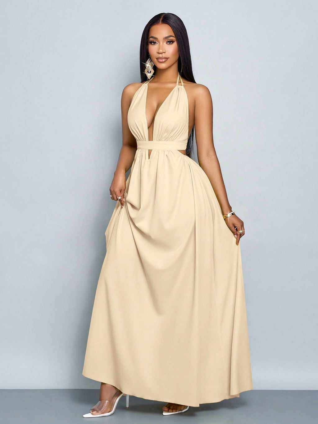 SKAYS Women's Summer Backless Tie-Waist Dress Solid Color Sexy V-Neck Beach Vacation Maxi Dress Formal Party Dress