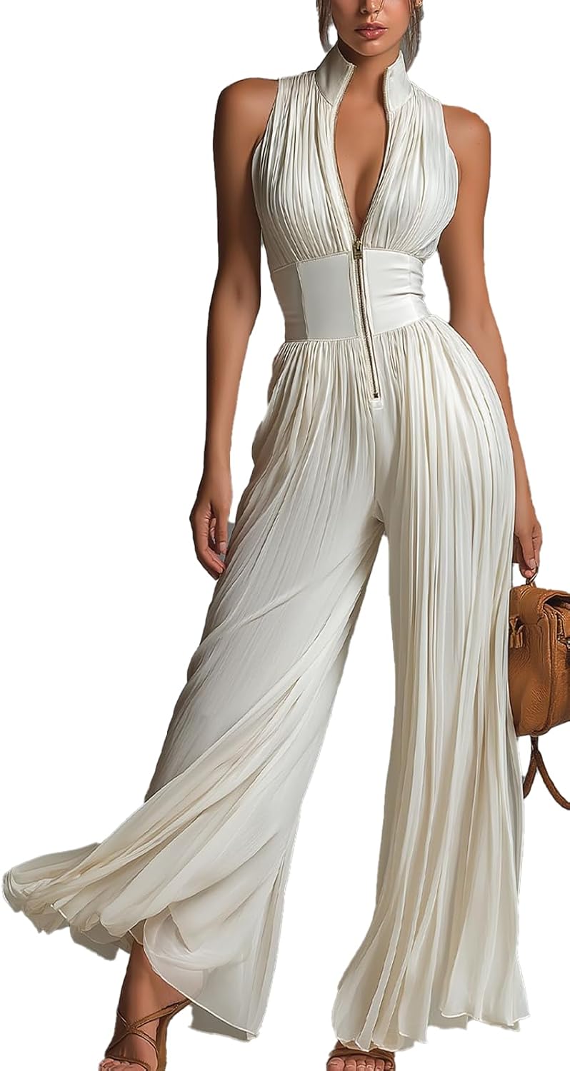 Dressy Jumpsuits for Women Sleeveless Zipper Business Summer Going Out One Piece Formal Casual Jumpsuits for Women