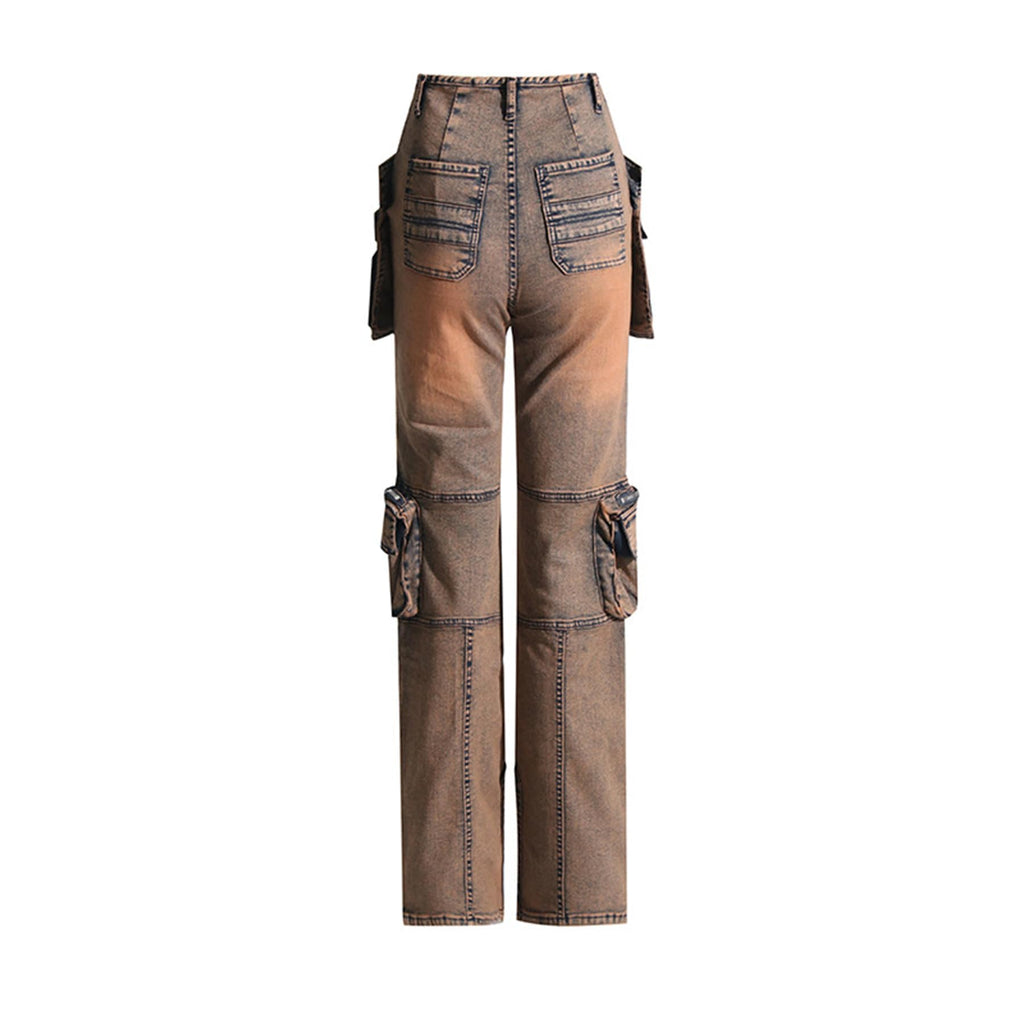 Women's Novelty Fashion Zip Side Slit High Waist Denim Jeans Pants with Multi Pockets