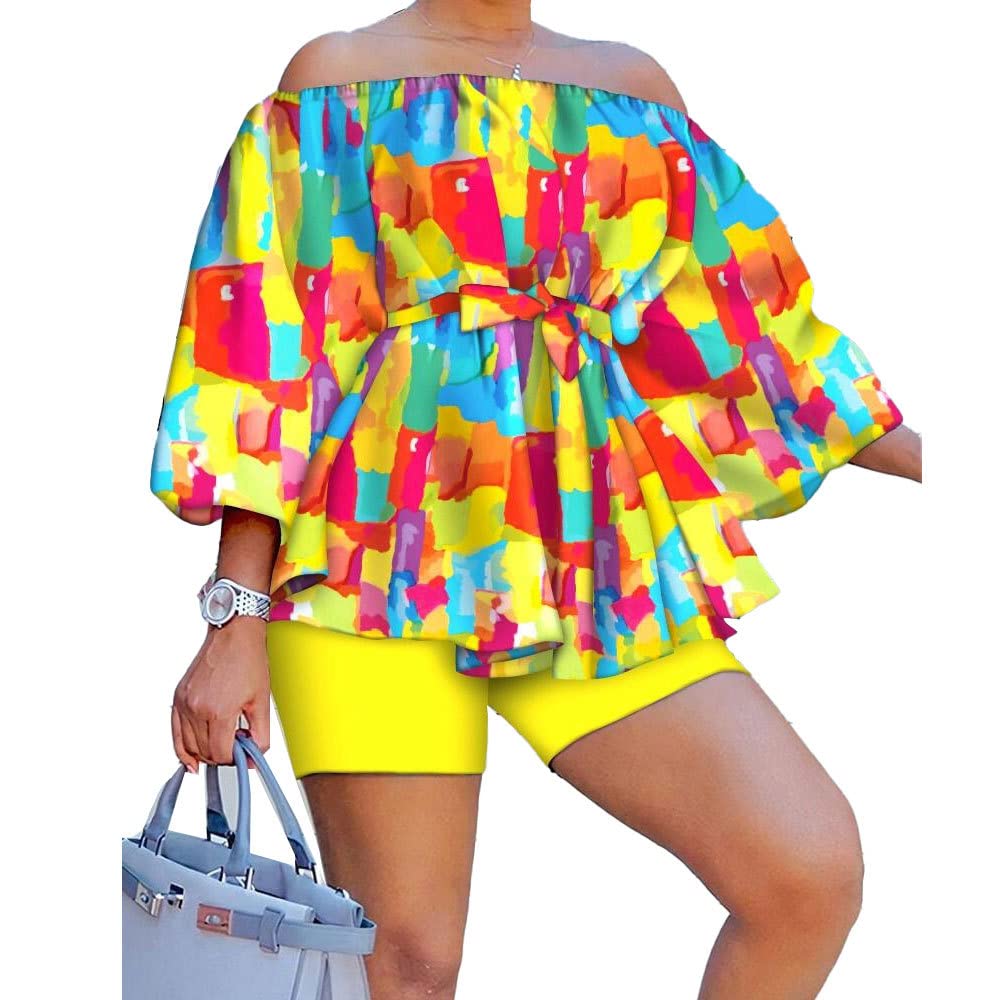 2 Piece Outfits for Women Sexy Off Shoulder Long Sleeve Plus Size Tops High Waisted Bodycon Shorts Set