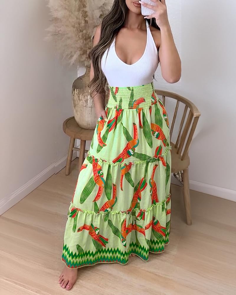 CHICME Women's Boho Floral Summer Maxi Skirt with Pockets Vacation Outfit | Shirred High Waist, Ruffle Hem, Lightweight Comfortable Fabric, A-Line Long Flowy Skirt for Beach, Travel & Daily Wear
