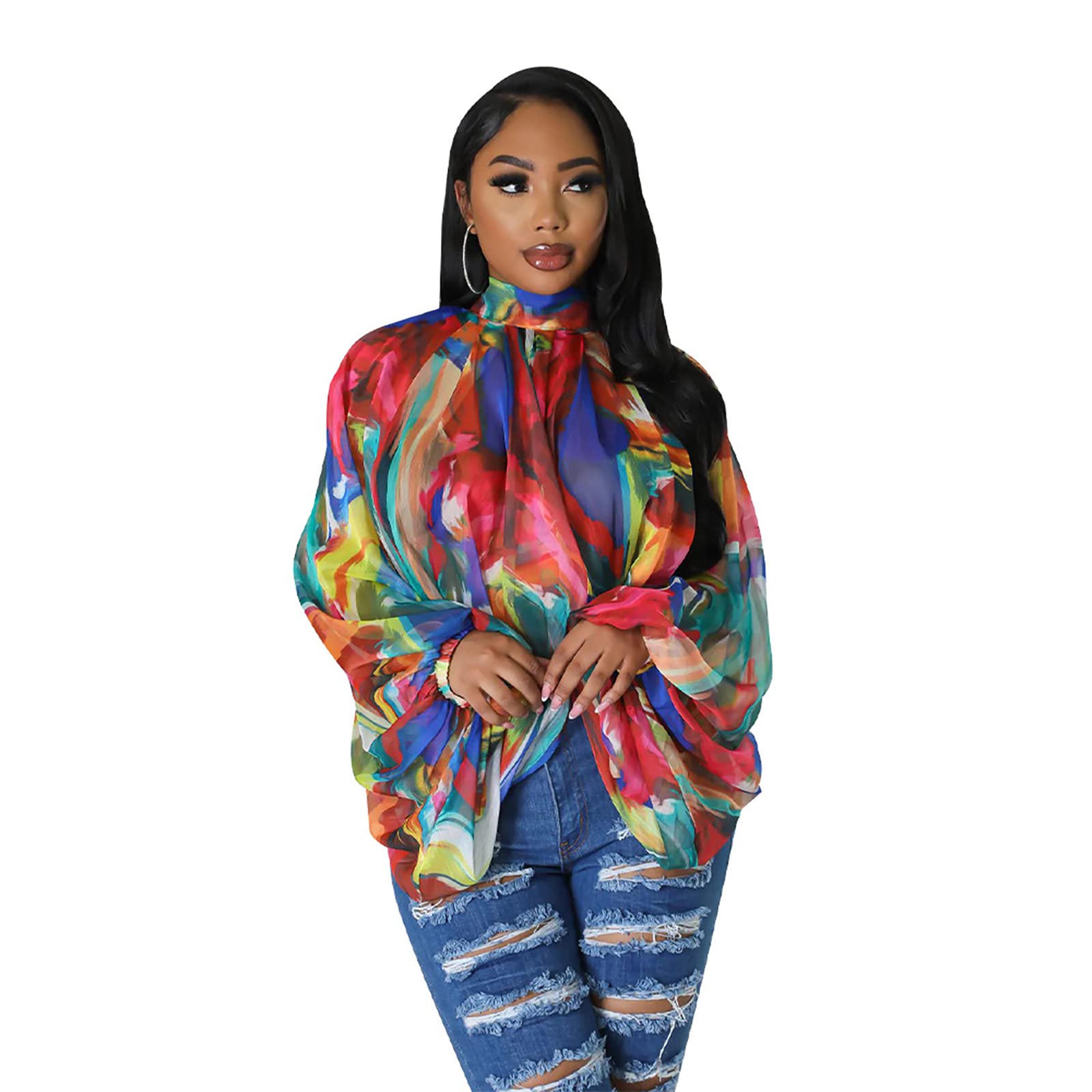 acelyn Women's Sexy See Through Chiffon Sheer Blouses Tops | Lantern Sleeve, Front Back Open, High Neck, Self Tie, Shawl Casual Shirts,Blouses Tops