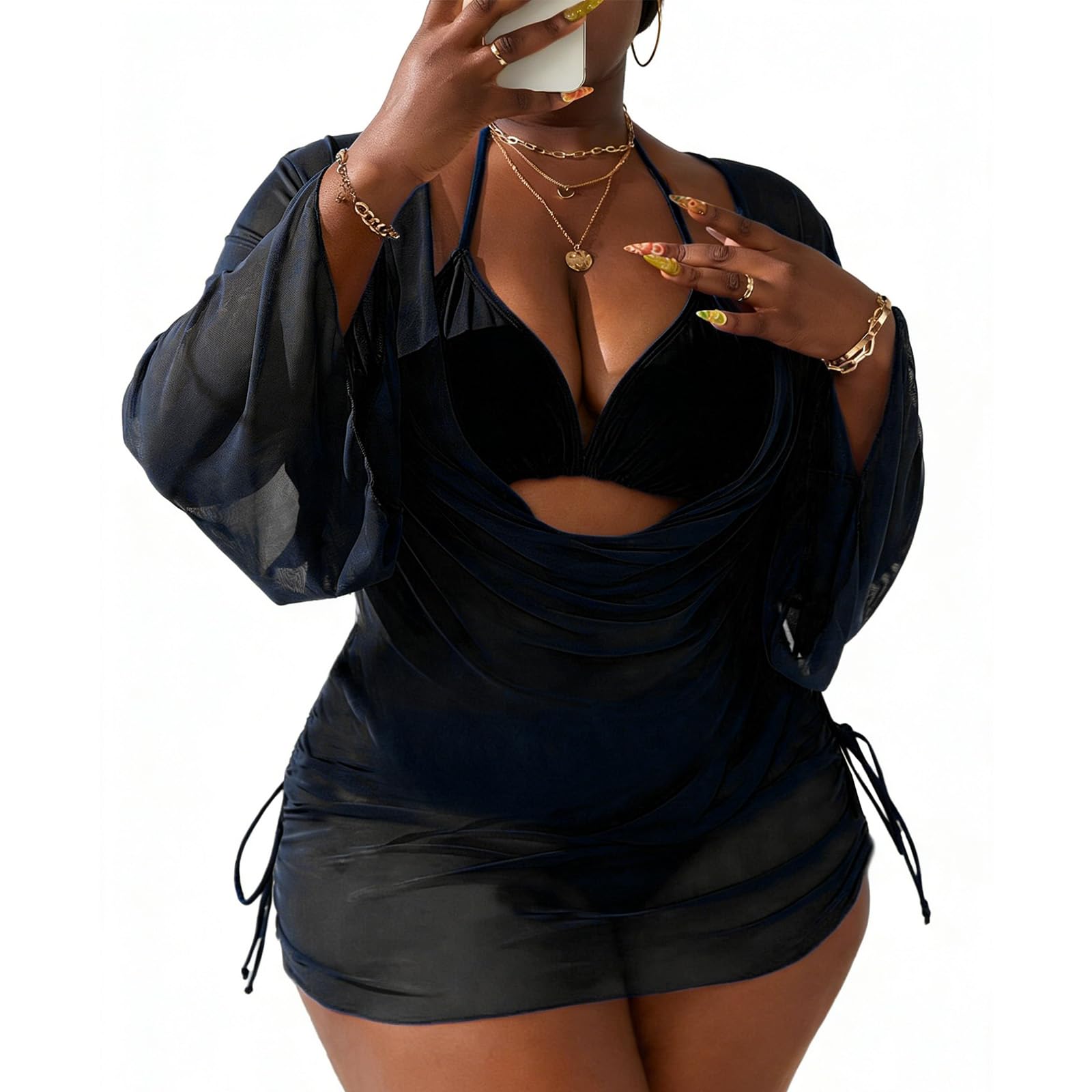 Women's Plus Size Halter String Triangle Bikini Sets 3 Piece Swimsuits with Side Ruched Drawstring Cover Up