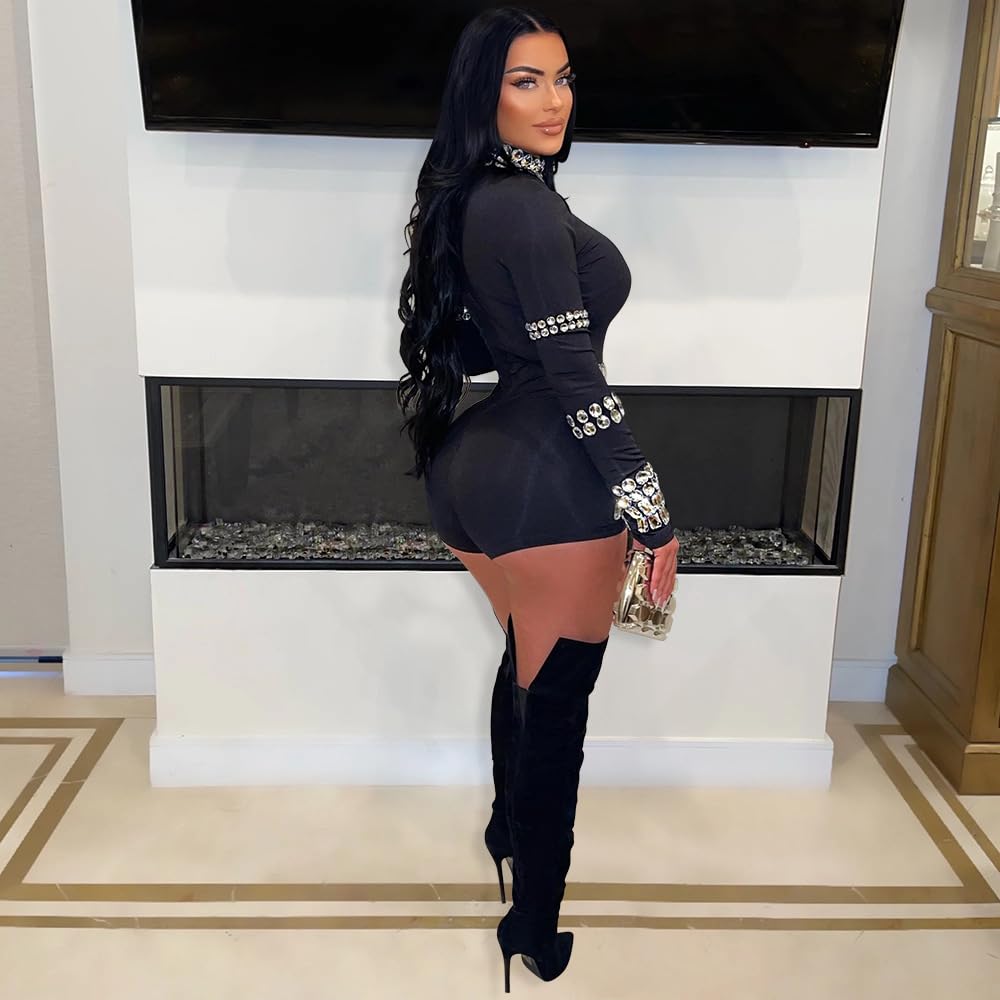 chicyes Women's Jumpsuits Sexy Long Sleeve Date Night Rompers Rhinestone Sparkly Party Club Spring Outfits Fall Concert
