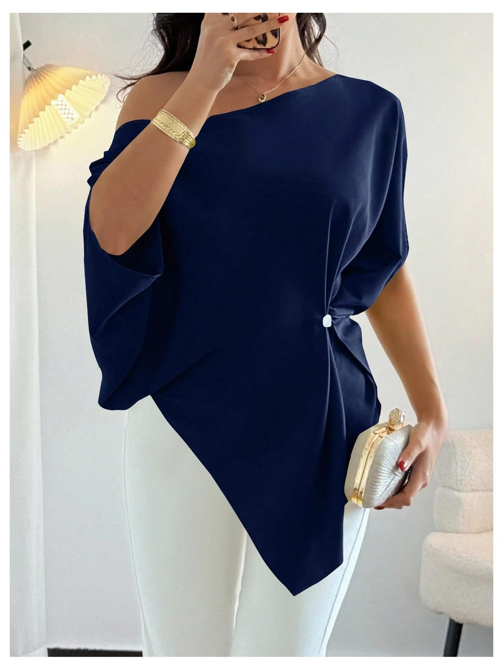 SHENHE Women's Off Shoulder Dolman Sleeve Blouses Asymmetrical Flowy Tops | Casual, Loose, Blouses With Waist Pleats, Asymmetrical, Elegant