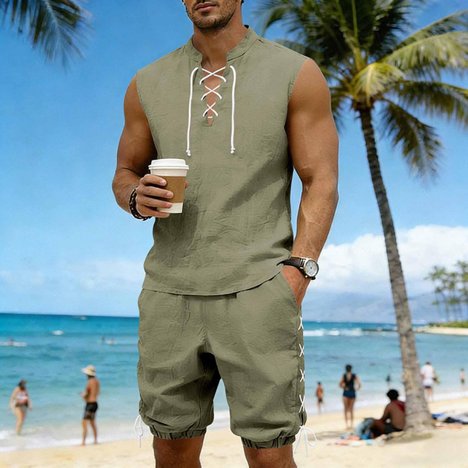Cambkatl 2 Piece Outfits for Men Lightweight Linen Shorts Set Laceup V Neck Sleeveless Tank Top Matching Sets with Pockets