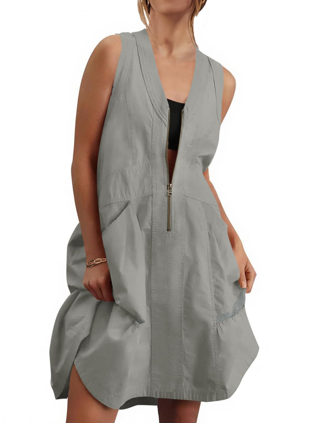 Fisoew Women's Sleeveless Tank Half Zip V Neck Mesh Back Mini Dresses | Casual, Loose Fit, Utility, Summer, With Pockets