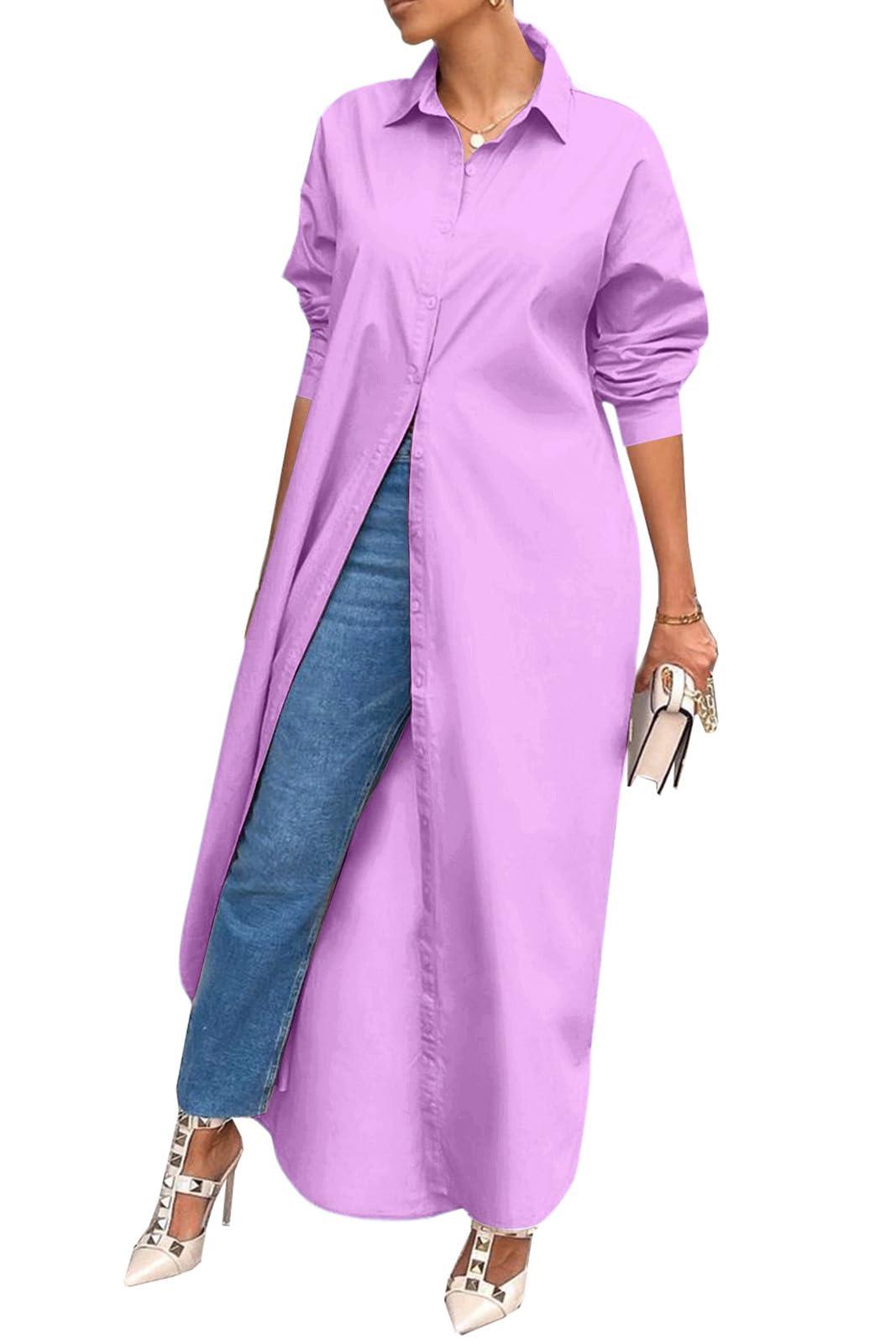 Shirt Dresses for Women Casual Long Sleeve Cotton Button Down Maxi Dresses | Oversized,Solid Color,Loose Fit,Plus Size,Long Shirts,Button Down Dress