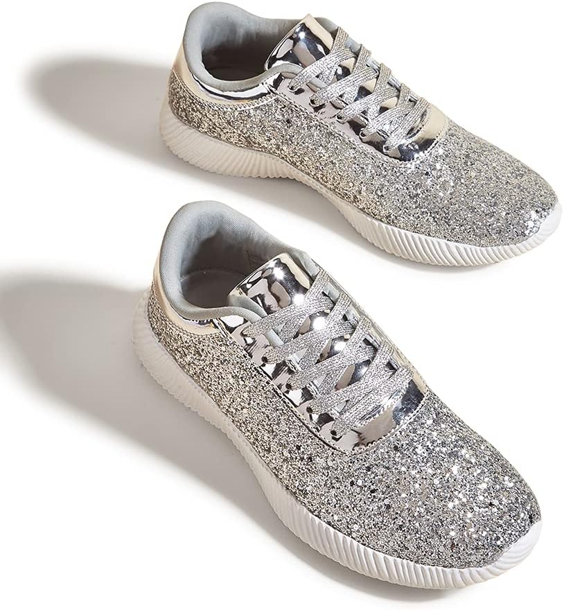 BELOS Women Glitter Sparkly Fashion Sneakers | Lightweight Metallic Sequins Tennis Shoes Casual Retro Braided Walking Shoes