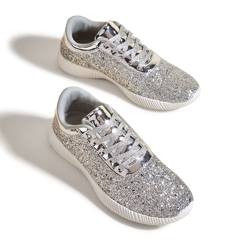 BELOS Women Glitter Sparkly Fashion Sneakers | Lightweight Metallic Sequins Tennis Shoes Casual Retro Braided Walking Shoes