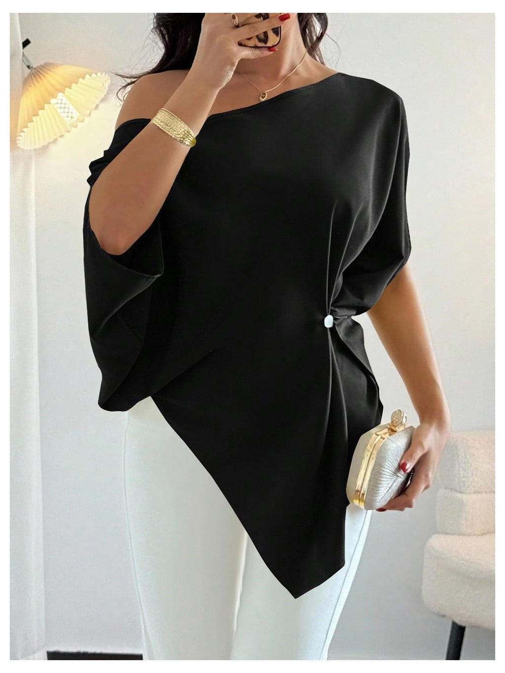 SHENHE Women's Off Shoulder Dolman Sleeve Blouses Asymmetrical Flowy Tops | Casual, Loose, Blouses With Waist Pleats, Asymmetrical, Elegant