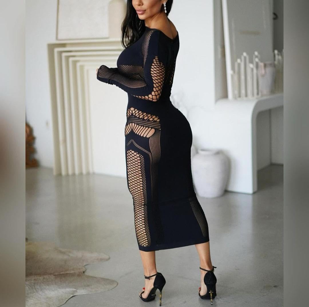 Womens Mesh Bodycon Midi Dress | Stretchy Cutout,Long Sleeve See Through, Suitable For Nightclub, Cocktail Party And Evening Events