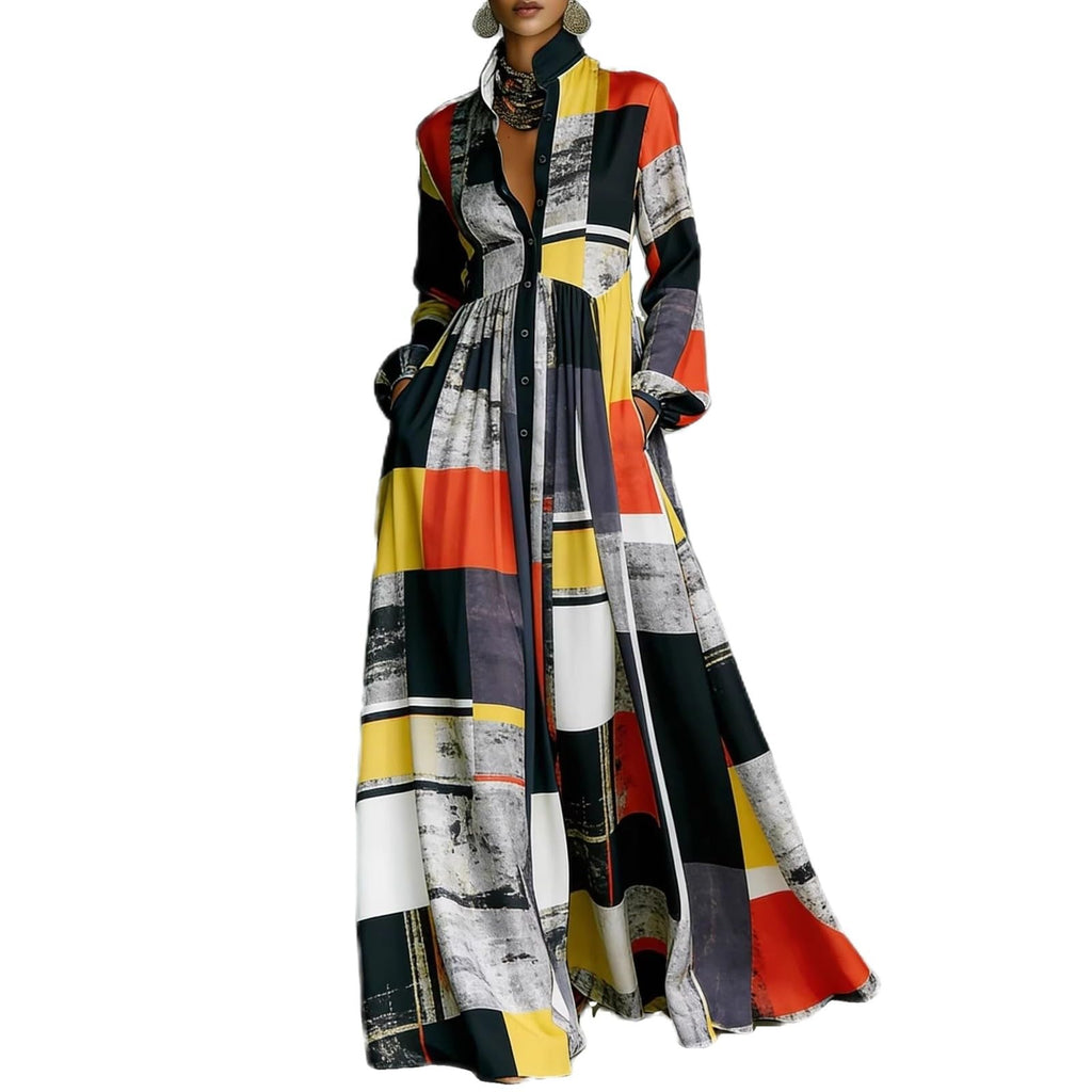 Women Maxi Dress Stand Collar Button Front Pocket Beach Vacation Casual | Flowy maxi dress stand collar, button front, functional pockets, long lantern sleeves, A-line skirt, beach vacation daily