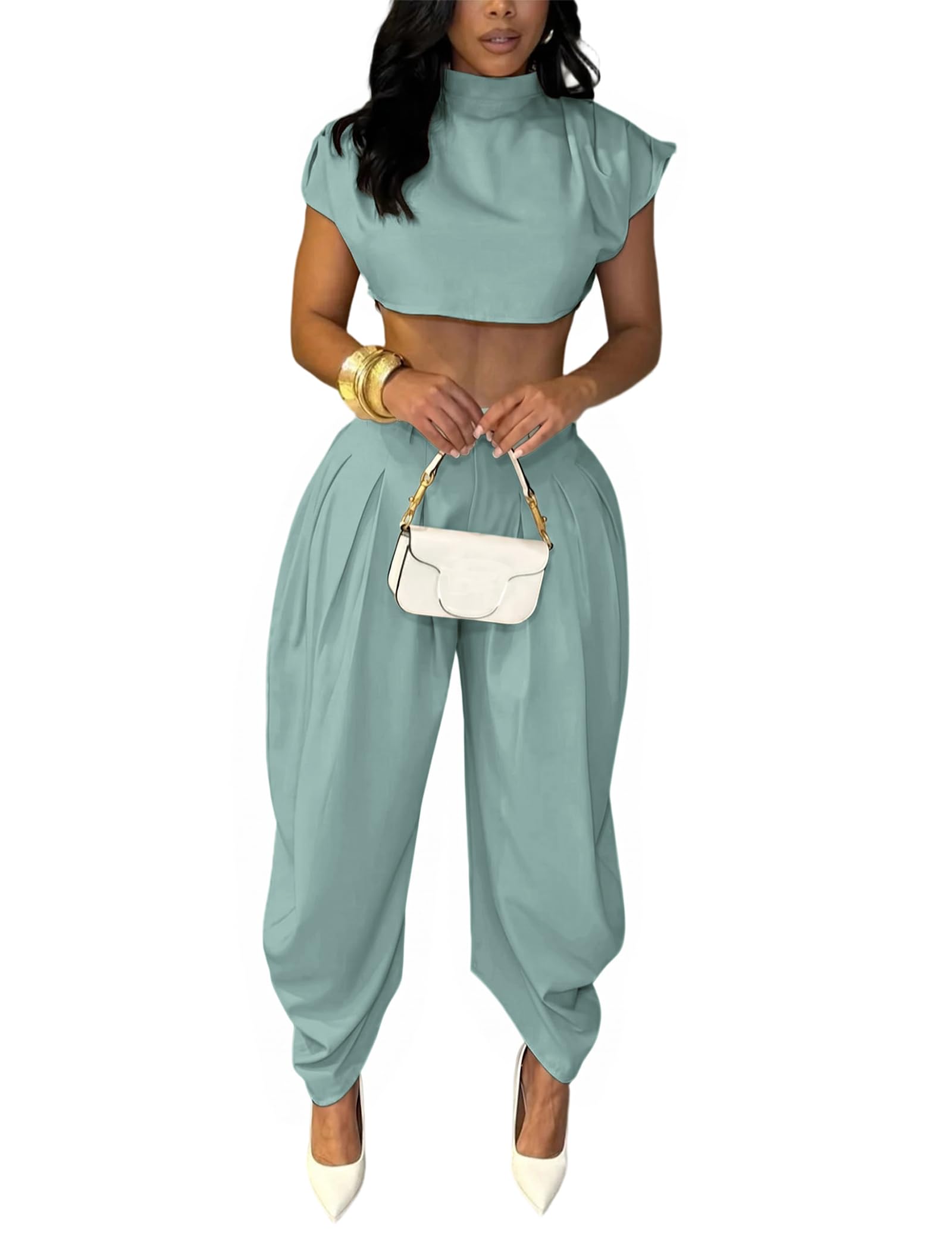 Ekaliy Womens Casual 2 Piece Outfits Cap Sleeve Crop Top Palazzo Pants Set | Mock Neck,Short Sleeve,Zipper-Back Crop Top,High-Waisted Pleated Pants,Wide Leg Dress Pants,2 Piece Sets For Women Dressy