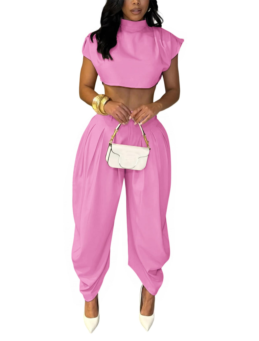 Ekaliy Womens Casual 2 Piece Outfits Cap Sleeve Crop Top Palazzo Pants Set | Mock Neck,Short Sleeve,Zipper-Back Crop Top,High-Waisted Pleated Pants,Wide Leg Dress Pants,2 Piece Sets For Women Dressy