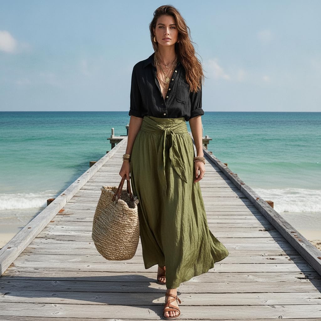 Women Boho Contrast 2 Piece Outfit, Long Sleeve Button Down Shirt & Tie Waist Flowy Midi Skirt Casual Vacation Set