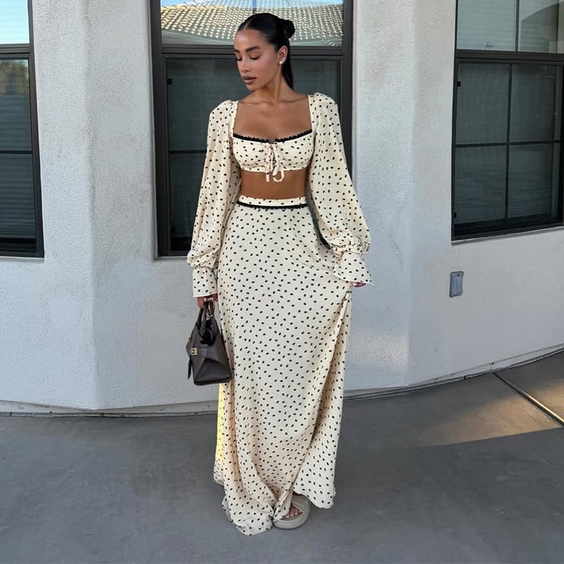 THLAI Womens Boho Two Piece Polka Dot Crop Top & Maxi Skirt Set With Long Sleeve Shrug Vacation Outfit
