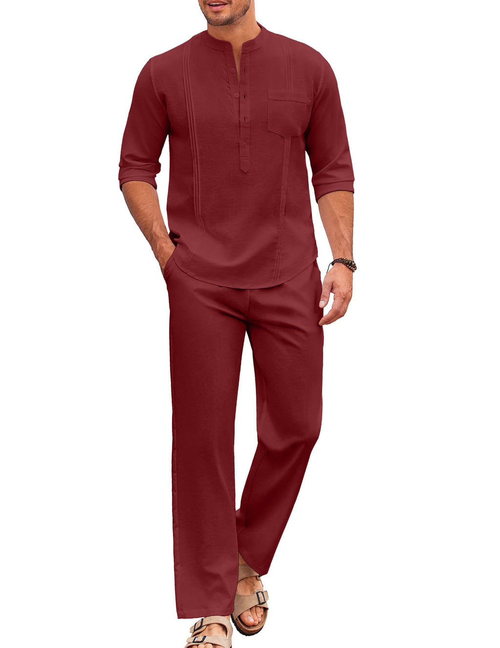 COOFANDY Men's 2 Piece Cotton Sets Casual Long Sleeve Cuban Henley Shirt and Loose Pants Set Beach Vacation Outfits